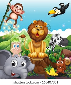 Illustration of a lion above the stump surrounded with playful animals