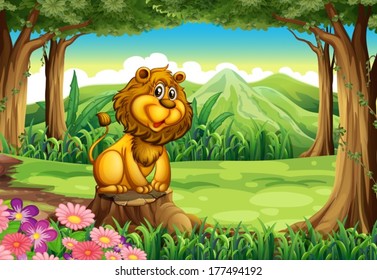 Illustration of a lion above the stump of a tree