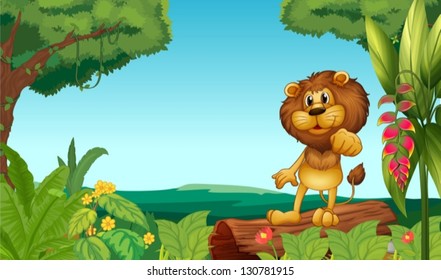 Illustration of a lion above a trunk at the jungle