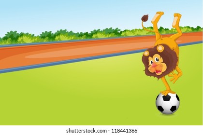 illustration of a lion and ball in a beautiful nature