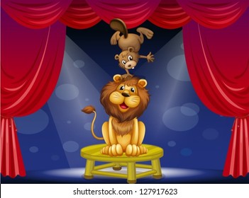 Illustration of a lion and a beaver performing on the stage