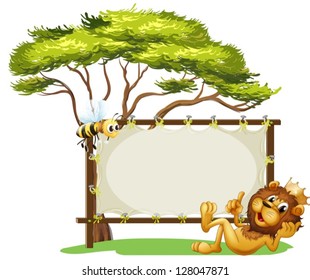 Illustration of a lion beside a blank advert spaceo n a white background