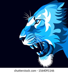 Illustration of lion, blue, angry expression, dark background. - Vector.