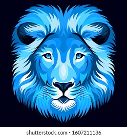 illustration of a lion, blue, simple design, for a logo or symbol, dark background. - Vector.