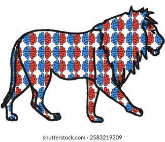 Illustration of a lion with a brain intelligence texture on the entire surface of its skin.