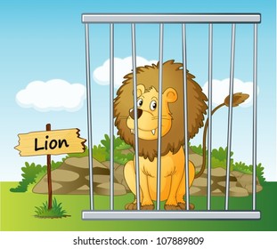 illustration of a lion in cage and wooden board