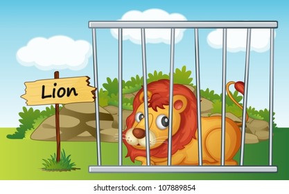 illustration of a lion in cage and wooden board