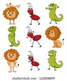 Illustration of a lion, a chameleon and an ant on a white background