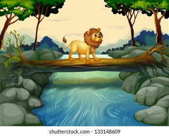 Illustration of a lion crossing the river