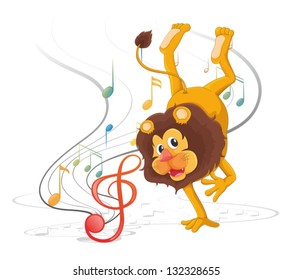 Illustration of a lion dancing with musical notes on a white background
