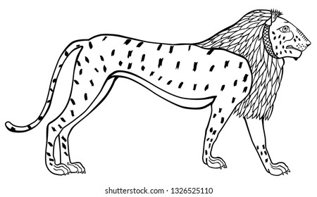 Illustration of a lion depicted in ancient Egypt. Illustration of monochrome.