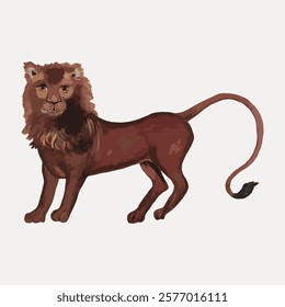 Illustration of a lion with a detailed mane and tail. The lion stands proudly, showcasing its majestic mane and strong tail. The lion's mane is a focal point. Vintage illustration isolated, vector.