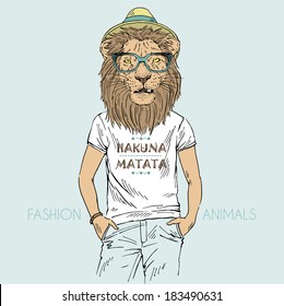 Illustration of lion dressed up in t-shirt with quote Hakuna Matata