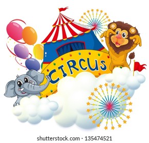 Illustration of a lion and an elephant near the circus signage on a white background