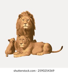 Illustration of a lion family with a male lion, female lioness, and two cubs. The lion family is depicted in a realistic style, showcasing their majestic presence. Vintage animal illustration vector.