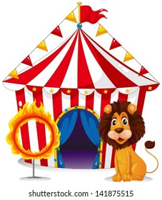 Illustration of a lion and a fire ring in front of the circus tent on a whie background