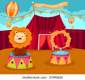 illustration of  lion with flaming ring in circus