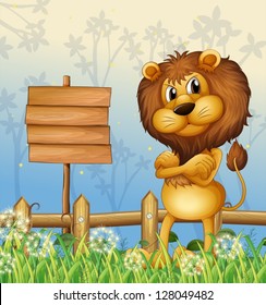 Illustration of a lion in the forest and the empty sigboard