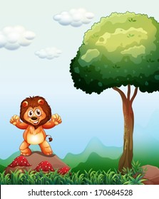 Illustration of a lion at the forest standing above the rock near the mushroom plants