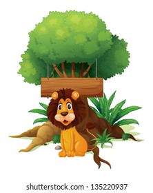 Illustration of a lion in front of an empty wooden signboard on a white background