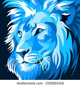 Illustration of Lion Head, blue, creative design, elegant, logo, icon, symbol, dark background. - Vector.
