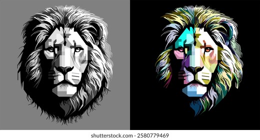 ILLUSTRATION OF A LION HEAD THAT LOOKS SCARY. WITH ABSTRACT COLORFUL COLORS ON THE RIGHT, AND BLACK AND WHITE COLORS ON THE LEFT. 
[ VECTOR GRAPHIC ILLUSTRATION ]