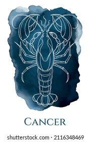 illustration of lion head, zodiac sign - cancer, on blue watercolor