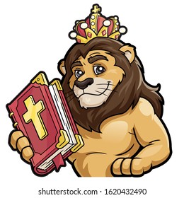 Illustration of a lion holding the Bible on a white background