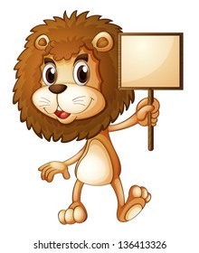 Illustration of a lion holding an empty sign board on a white background