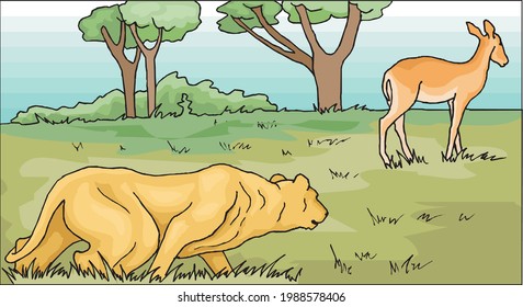 illustration of lion hunting deer in green jungle