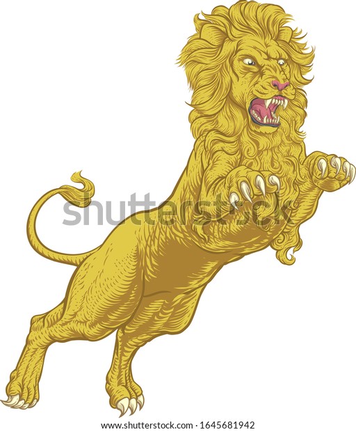 レトロな木版画風にライオンが飛び降りて襲いかかるイラスト のベクター画像素材 ロイヤリティフリー