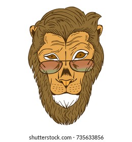 Illustration with lion like hipster with cool hairstyle and beard.