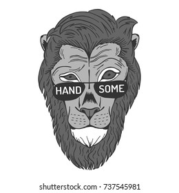 Illustration with lion like hipster with cool hairstyle and beard and glasses with text "HANDSOME".