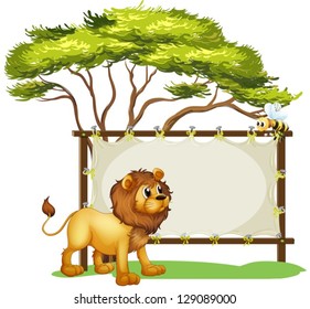Illustration of a lion looking at the bee on a white background
