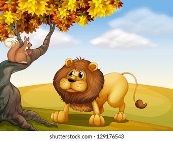 Illustration of a lion looking at the squirrel