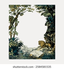 Illustration of a lion in a lush jungle setting. The lion is surrounded by dense foliage, trees, and plants, creating a vibrant jungle atmosphere. Vintage art illustration, vector.