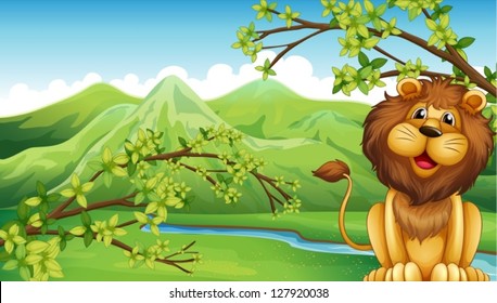 Illustration of a lion and a mountain in a forest