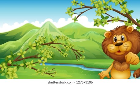 Illustration of a lion in a mountain scenery