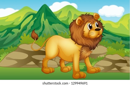 Illustration of a lion in a mountain scenery