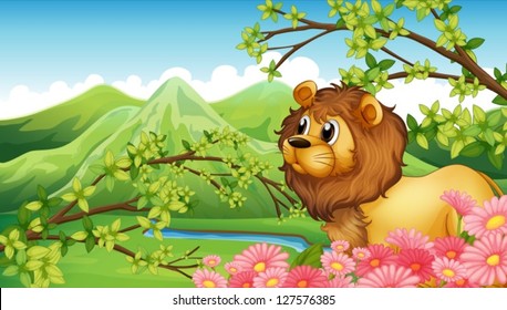 Illustration of a lion in a mountain view