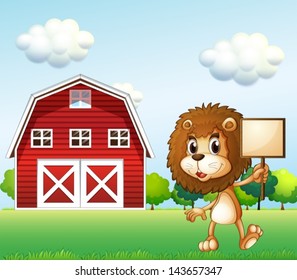 Illustration of a lion near the barn holding an empty signboard