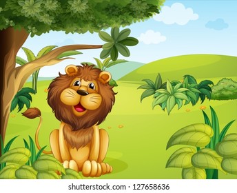 Illustration of a lion near the big tree