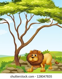 Illustration of a lion near a big tree in the hills
