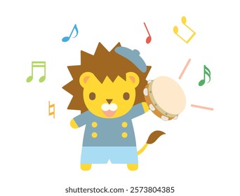 An illustration of a lion playing a tambourine.