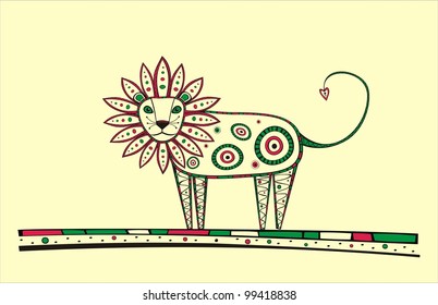 Illustration of lion, produced in ethno style with the unique colour