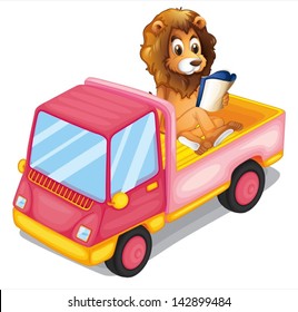 Illustration of a lion reading a book at the back of a truck on a white background