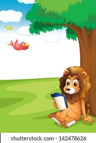 Illustration of a lion reading under the tree