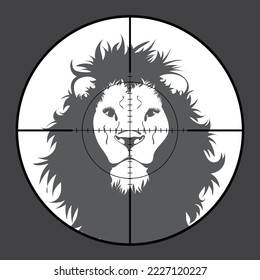 Ilustración de un león a la vista de un rifle mientras cazaba. El animal salvaje en el foco del cazador. Proceso de caza.