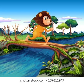 Illustration of a lion running while crossing the river