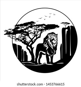Illustration of a lion in the savanna under a tree. Rocky mountain landscape and clouds. Graphic vector illustration. Tattoo, travel, adventure, symbol of wildlife. Natural open spaces. Ecology.
